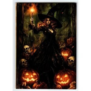 Vintage Halloween Witch & Jack-O-Lanterns Photochrome Postcard 5.5x4